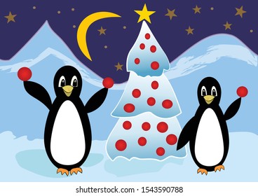 Two penguins in ice mountains with christmas tree, cute christmas card with animals playing with christmas balls