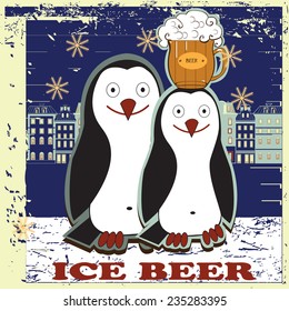 Two penguins. Images of two penguins with beer mug on winter town background.