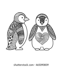 Two penguins line art design for coloring book for adult , T - shirt design and other decorations