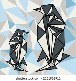 Two penguins look at each other, penguin family, triangular shaped animals, vector illustration