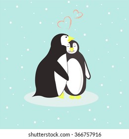 Two penguins in love, eating fish
