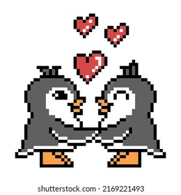 Two Penguins In Love Holding Hands, Pixel Art Animal Characters Isolated On White Background. Old School Retro 80s, 90s 8 Bit Slot Machine, Video Game Graphics. Valentine's Day Couple On A Date Card.