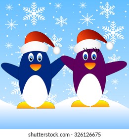 Two penguins on a blue background with snowflakes, vector illustration