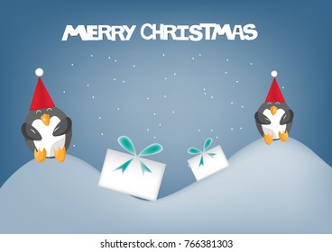 Two penguins on the ice mountain with christmas letter that can use to be card or background.