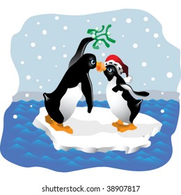 Two penguins on an iceberg kissing under some mistletoe at Christmas