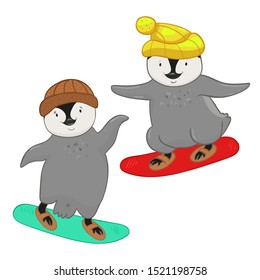Two penguins on snowboards isolated on white background