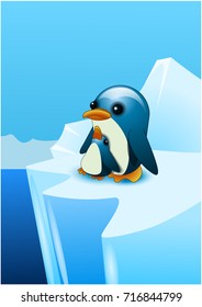 Two penguins. A penguin with his baby in the south pole. Vector illustration