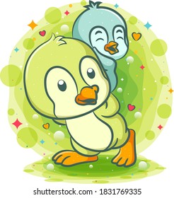 Dos pingüinos juegan juntos en el césped de la ilustración