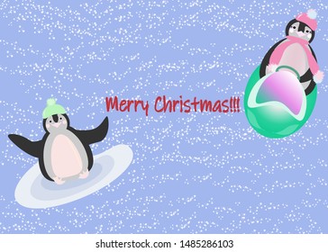 Two penguins playing togather. Winter holiday background. Merry Christmas poster template. Kawaii penguins on winter snowy background. Vector illustration. Adorable cartoon birds. Editable elements.