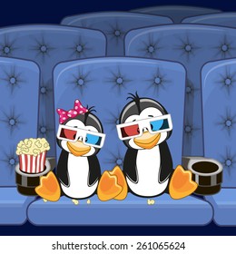 Two Penguins is sitting at the Cinema 