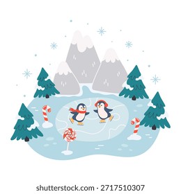 Dois pinguins patinando. Animais bonitos do norte se divertindo em cenários de inverno com neve. Feliz Natal. Ilustração de vetor plano