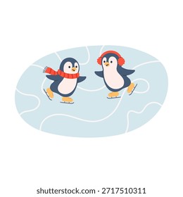 Dois pinguins patinando. Animais belos do norte se divertem em férias de inverno na neve. Personagens de inverno patins de gelo no rinque de gelo. Ilustração de vetor plano