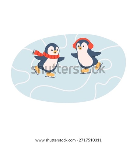 Two penguins skating. Cute north animals have fun in snow winter holidays. Winter characters ice skates on ice rink. Flat vector illustration