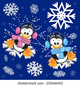 Two Penguins at the snowflakes 