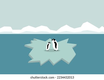 Two penguins standing on a floating ice floe in Antarctica in the background are mountains. Isolated vector graphic.
