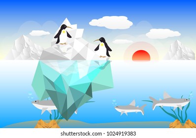 two penguins standing on ice berg mountain, and under sea has sharks and sunrise with ice mountain and blue sky background, sea winter scape concept.Polygon art, vector and illustration.cartoon animal