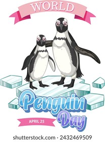 Two penguins standing on ice, World Penguin Day banner