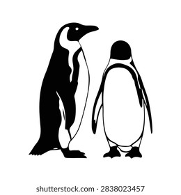 Two penguins standing upright on icy terrain, showcasing their distinctive black and white plumage in a cold environment.