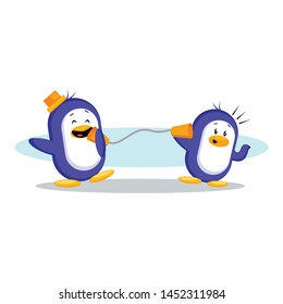 Two Penguins Talking On Tin Can Phone. Free Vector Illustration Isolated On White Background
