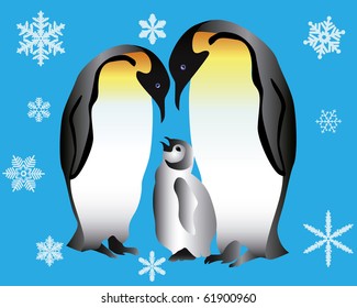 Two penguins and their cub on a blue background with snowflakes