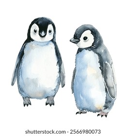 Two penguins in watercolor style vector illustration. Soft blue gray white hues, black backs. Cute penguins couple for Valentine's Day card design. Antarctica birds.