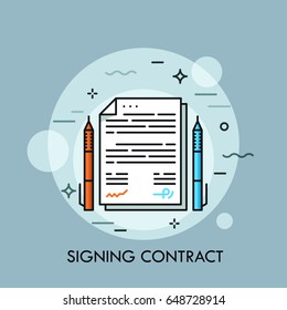 Two pens of different color and paper document between them. Contract signing, conclusion of business agreement, deal making concept. Vector illustration for banner, website, poster, presentation.