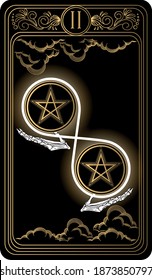 Two of pentacles. Card of Minor arcana black and gold tarot cards. Tarot deck. Vector hand drawn illustration with skulls, occult, mystical and esoteric symbols.