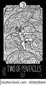 Two of pentacles. Elf. Minor Arcana Tarot card. Fantasy line art illustration. Engraved vector drawing. See all collection in my portfolio set