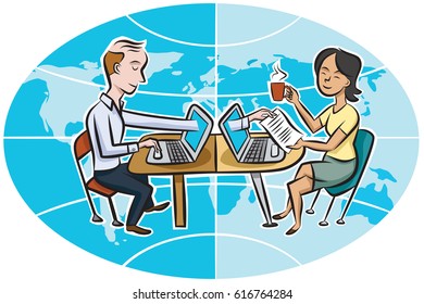 Two people from across the globe share files and work together across a computer network.