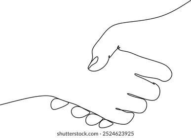 Two people agree and shake hands one contiguous line vector illustration. Shaking hands. Vector illustration for poster, card, banner, valentine day, wedding,Coffee cup and t-shirt. Hand drawn