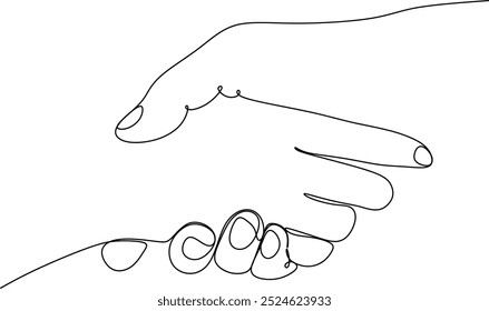 Two people agree and shake hands one contiguous line vector illustration. Shaking hands. Vector illustration for poster, card, banner, valentine day, wedding,Coffee cup and t-shirt. Hand drawn