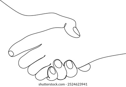 Two people agree and shake hands one contiguous line vector illustration. Shaking hands. Vector illustration for poster, card, banner, valentine day, wedding,Coffee cup and t-shirt. Hand drawn