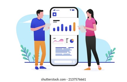 Two people analysing infographic data - Man and woman working with charts and graphs on phone screen. Flat design vector illustration with white background