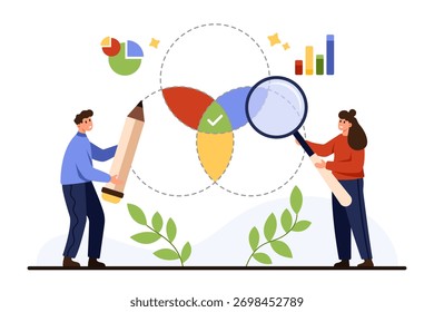 Duas pessoas analisam o gráfico de círculo sobreposto com lápis e lupa, representando o trabalho em equipe, a análise de dados e o gerenciamento de negócios, isolado na ilustração de vetor de fundo branco
