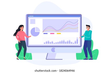 two people analyzing business graphic data on desktop, flat illustration design concept, premium vector