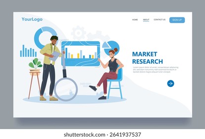 Two people analyzing charts and graphs on a screen with a magnifying glass, modern flat style on white background. Concept of market research. Vector illustration