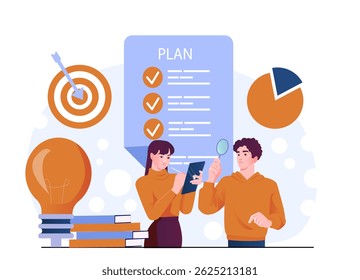 Dos personas analizando un Plan de lista de verificación con íconos como objetivo, bombilla, gráfico circular sobre fondo abstracto, concepto de trabajo en equipo y establecimiento de objetivos. Ilustración vectorial