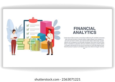 Two people are analyzing finances. website page Financial Analytics. Modern flat design concept of web page design for website and mobile website