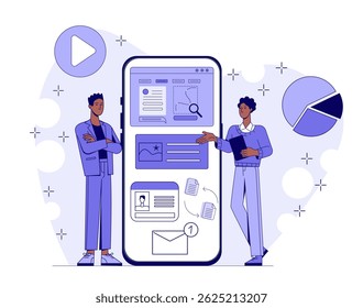 Two people analyzing mobile app interface on a giant smartphone screen with icons, charts, and documents, in flat style on abstract background. Concept of app design. Vector illustration