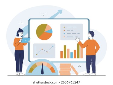 Dos personas analizando varios gráficos y gráficas en un Grande tablero de datos, estilo gráfico plano, sobre un fondo blanco y azul. Concepto de visualización de datos. Ilustración vectorial