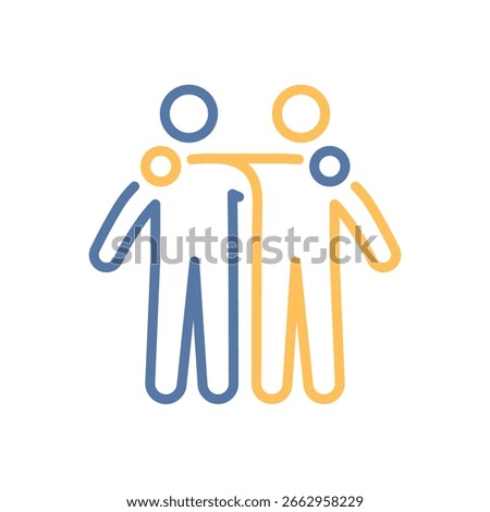 Two people with arm around shoulders icon. Friendship, support, emotional connection. Vector thin line illustration, editable stroke