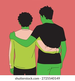 Two people with arms around each other on a pink background with green and yellow highlights green highlights