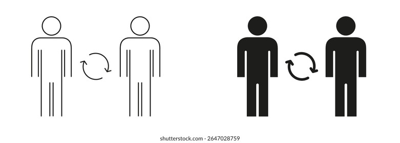 Dos Personas Con Conjunto De Iconos De Flechas. Comunicación, Interacción E Intercambio Esquema Y Silueta Símbolo Colección. Conexión Social Y Colaboración. Ilustración vectorial aislada.