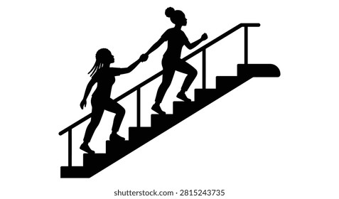 Two people ascending a staircase with a handrail depicted as a black silhouette stairs steps climbing walking person woman girl
