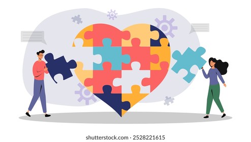 Two people assembling a colorful heart-shaped puzzle in a creative workspace