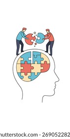 Zwei Personen, die ein Rätsel in einem Kopf zusammensetzen, das Teamarbeit und Problemlösung symbolisiert.