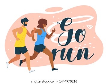 Two people, athletes running together cartoon poster. Go, run motivational, inspiring banner design. Friendly competition, having fun with spouse, boyfriend. Couple activity character illustration
