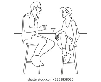 Two People in a Bar Drinking Alcohol in Minimal One Line Art Drawing. Man and Woman on a Date. Boy and Girl Enjoying Drinks