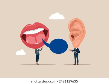 Two people big ear mouth instead head communicate. Flat vector illustration