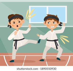 Zwei Menschen mit schwarzen Gürteln, die in einem Fitnessraum Karate praktizieren oder in einem Wettbewerb kämpfen, farbige Cartoon, Vektorgrafik